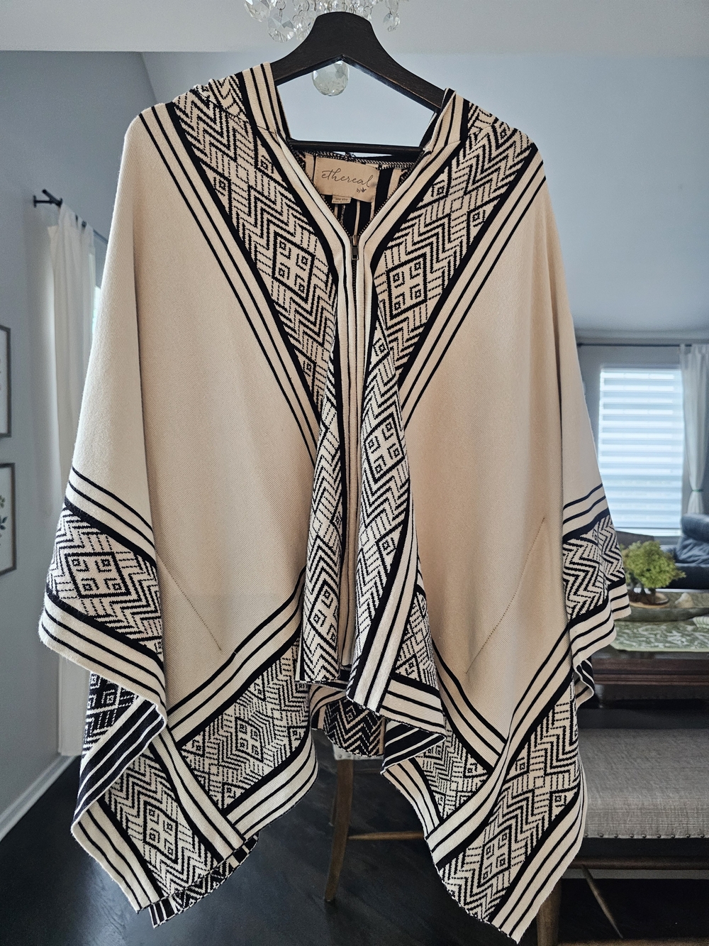 Cream & Black Hooded Cape Poncho